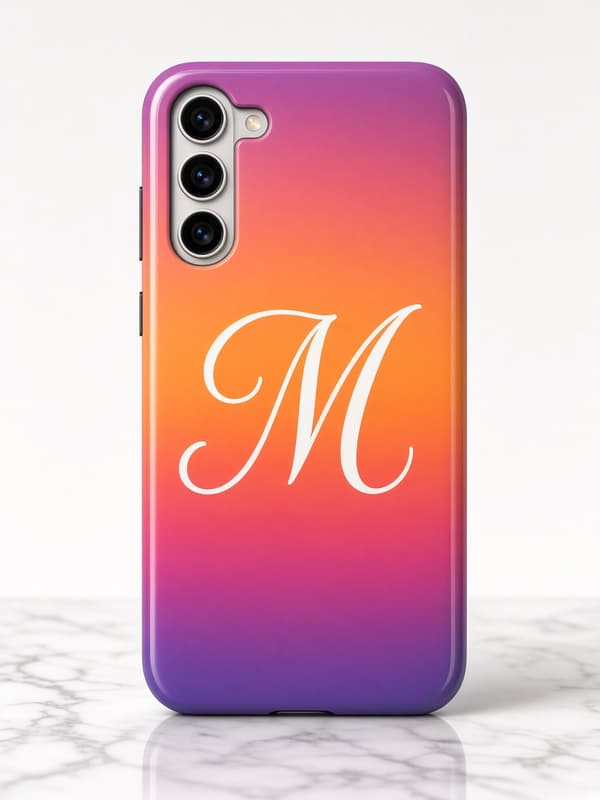 Custom Galaxy case with a sunset gradient monogram
